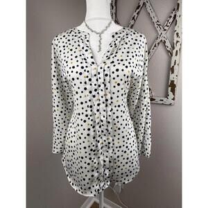 Ann Taylor Blouse Womens Medium White Polka Dot V Neck Button Long Sleeve Top